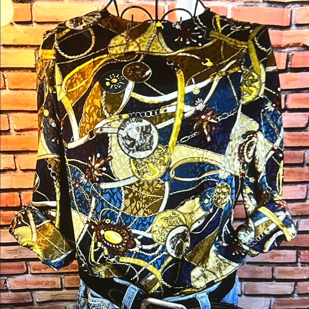 👚 JoS. A. Bank 80’s Equestrian Blouse — Baroque Print in Blue / Gold — Sz 8 / H